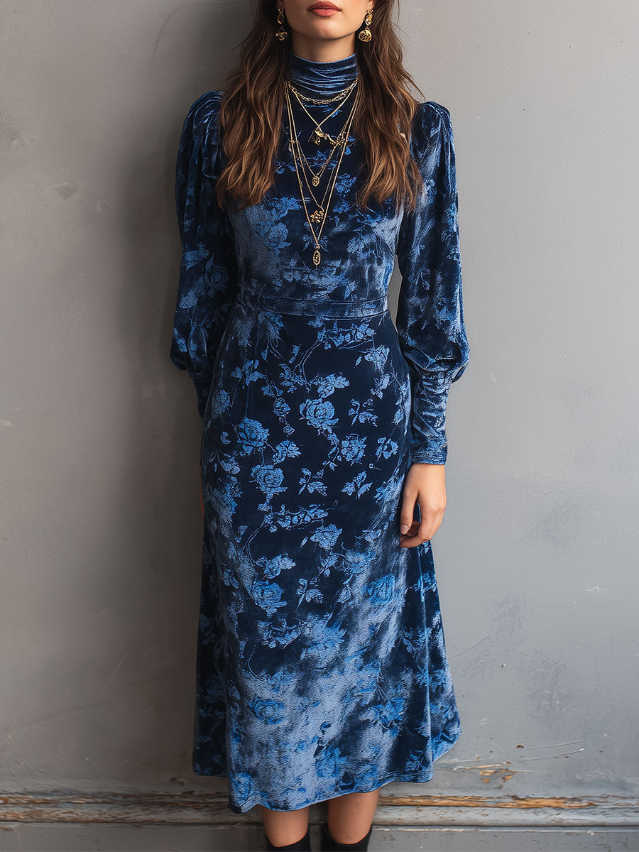 Velvet turtleneck midi dress with retro rose print, stylish and elegant, featuring long sleeves and a fitted silhouette.