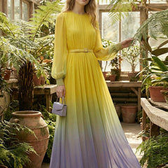 High-waisted long sleeve belted maxi dress with contrast color gradient and pleated split-joint round neck, stylish and elegant.