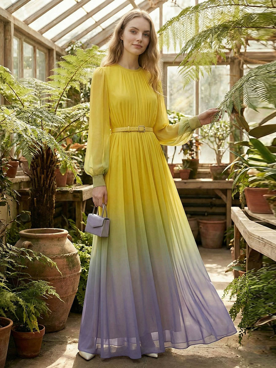 High-waisted long sleeve belted maxi dress with contrast color gradient and pleated split-joint round neck, stylish and elegant.