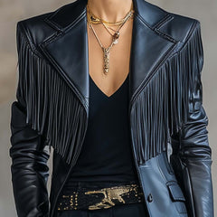 Black faux leather blazer with tassel details, notch lapel, stylish jacket from My Store, perfect for a chic layered look.