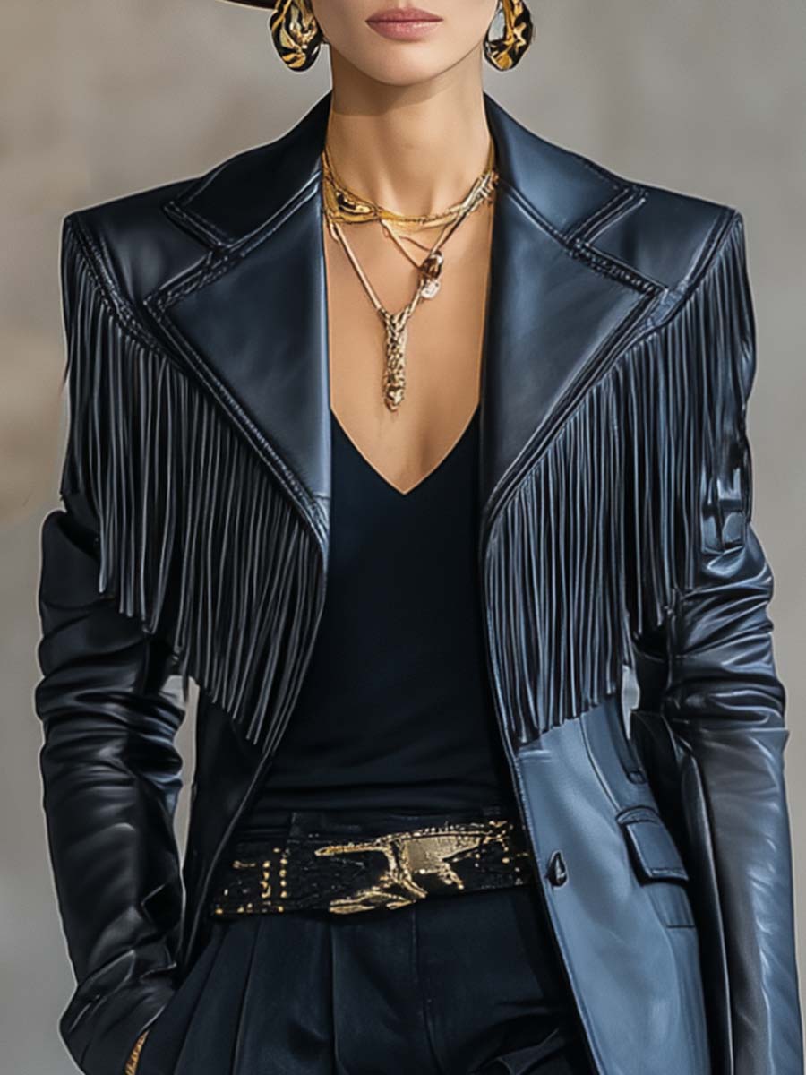 Black faux leather blazer with tassel details, notch lapel, stylish jacket from My Store, perfect for a chic layered look.