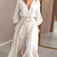White high-low puff sleeve pleated maxi dress with lapel collar, stylish solid color dress by My Store