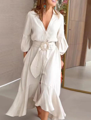 White high-low puff sleeve pleated maxi dress with lapel collar, stylish solid color dress by My Store