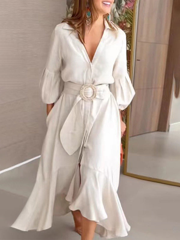 White high-low puff sleeve pleated maxi dress with lapel collar, stylish solid color dress by My Store
