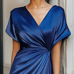 Loose short sleeve asymmetric solid color evening dress with split-joint V-neck, stylish and elegant for formal occasions.