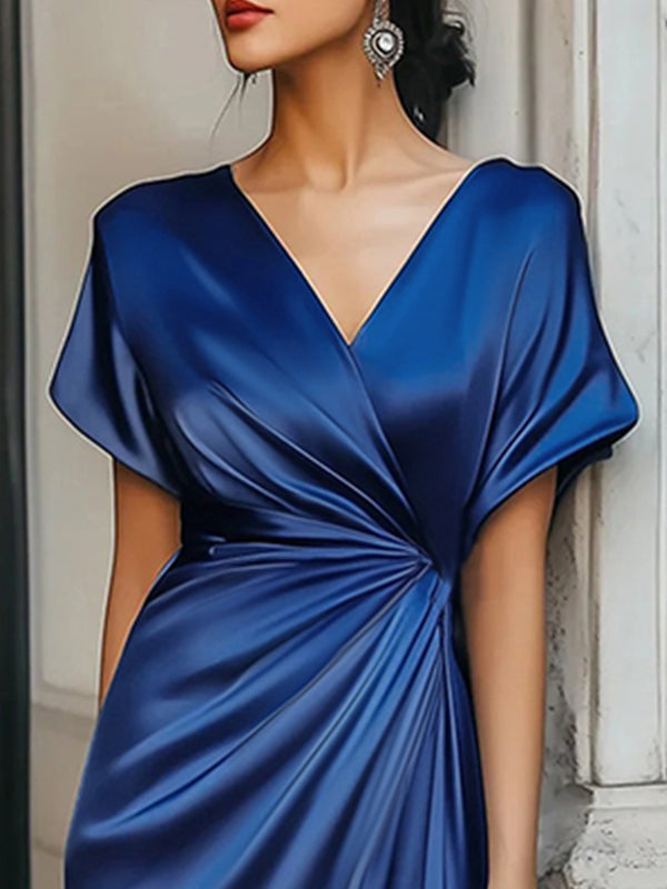 Loose short sleeve asymmetric solid color evening dress with split-joint V-neck, stylish and elegant for formal occasions.