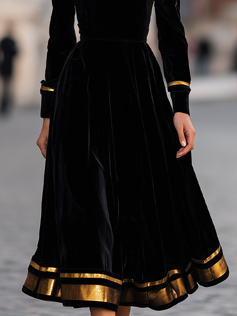 Elegant velvet midi dress with gold trim from My Store, featuring a fitted silhouette and stylish detailing.