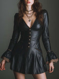 V-neck faux-leather mini dress with lace-trim buttons for women by Tammy Bradley, featuring a stylish and fitted design.