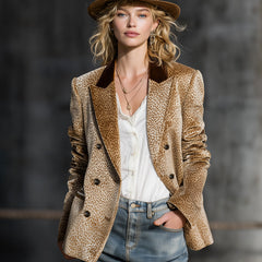 Khaki leopard print colour-block velvet blazer from My Store, stylish jacket with bold pattern and soft velvet fabric.