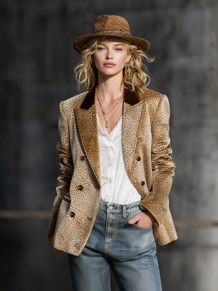 Khaki leopard print colour-block velvet blazer from My Store, stylish jacket with bold pattern and soft velvet fabric.