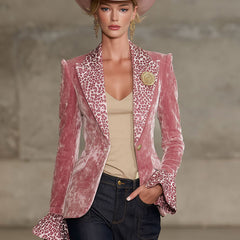 Pink leopard print velvet blazer with contrast lapel, stylish jacket for women, from My Store's Jackets & Blazers collection.