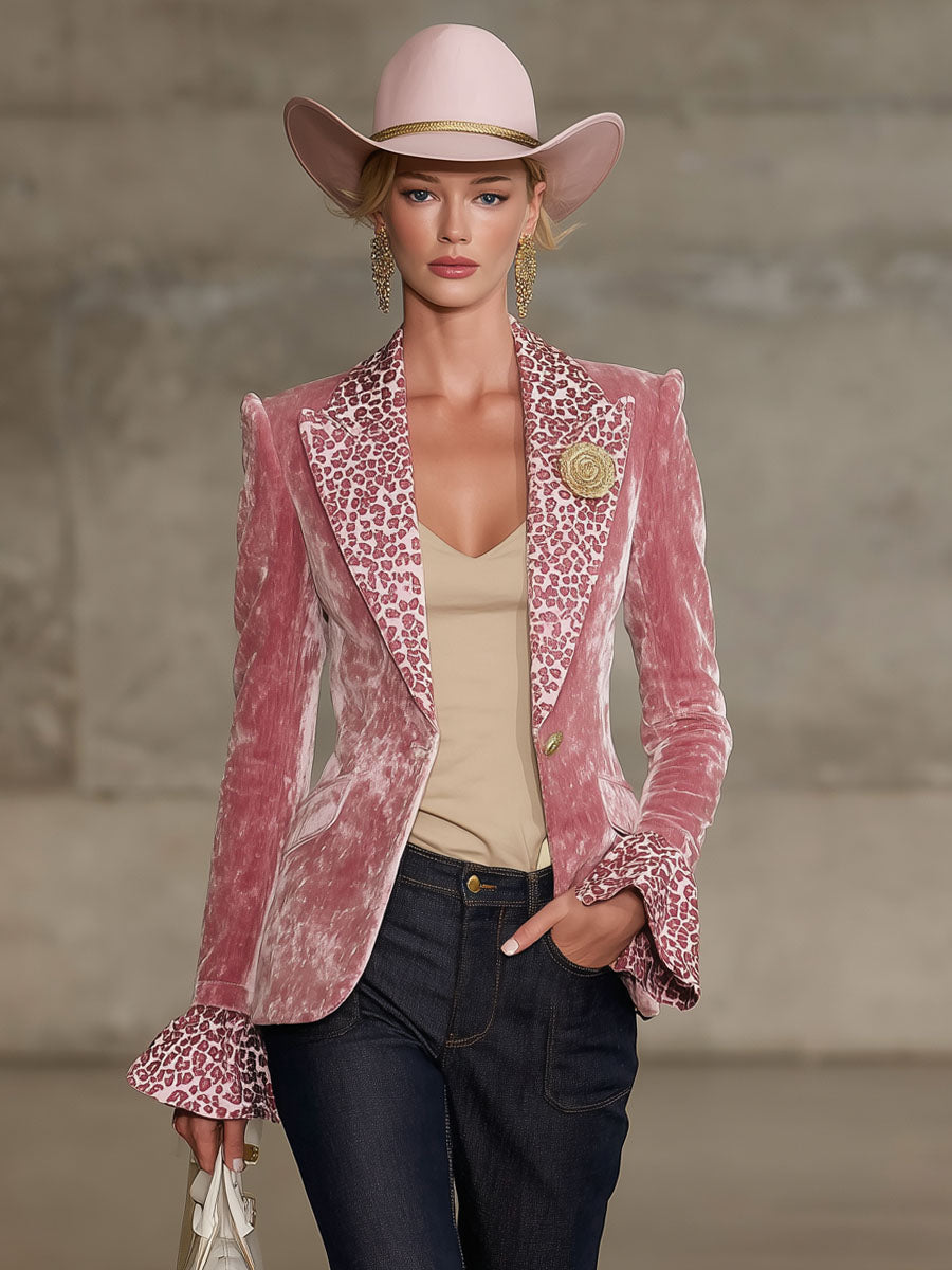 Pink leopard print velvet blazer with contrast lapel, stylish jacket for women, from My Store's Jackets & Blazers collection.