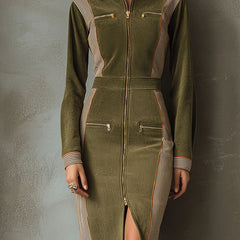 Olive green zip-up sleeveless midi dress with contrast panel from My Store, showcasing a stylish and modern design.
