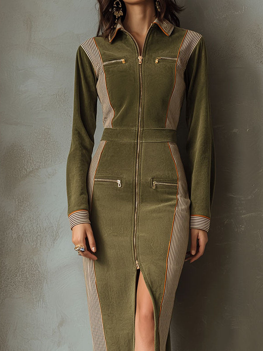 Olive green zip-up sleeveless midi dress with contrast panel from My Store, showcasing a stylish and modern design.