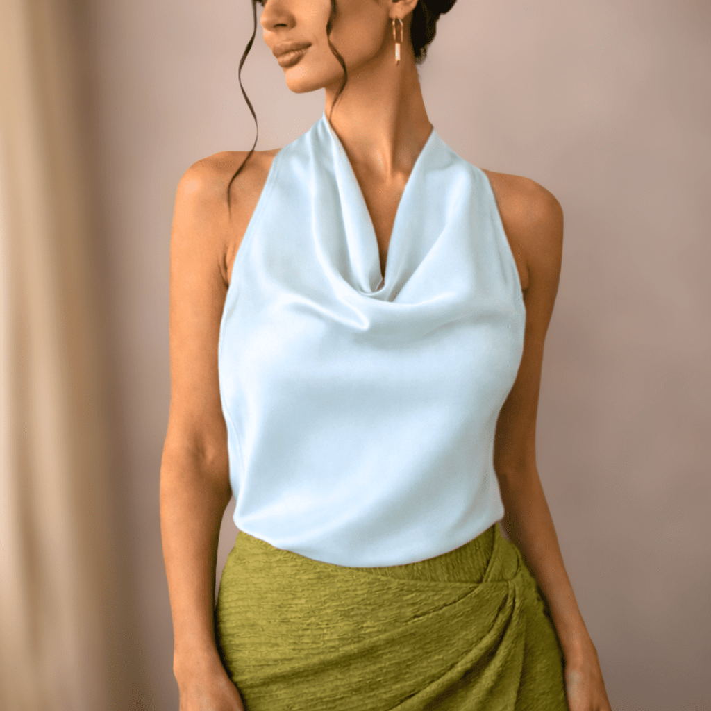 Cream satin cowl-neck sleeveless top for women by Tammy Bradley, showcasing smooth fabric and elegant drape.