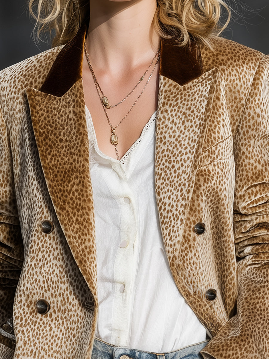 Khaki leopard print color-block velvet blazer from Jackets & Blazers collection, stylish and textured for a modern look.