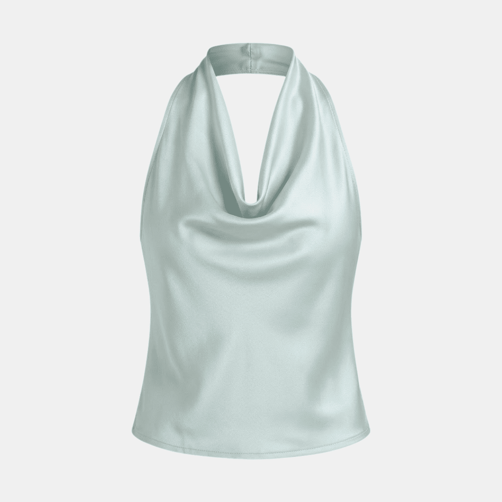 Cream satin cowl-neck sleeveless top for women by Tammy Bradley, showcasing smooth fabric and elegant drape.