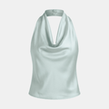 Cream satin cowl-neck sleeveless top for women by Tammy Bradley, showcasing smooth fabric and elegant drape.