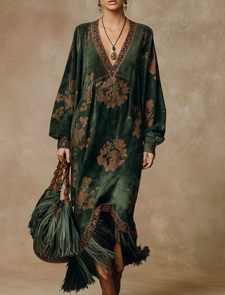 Green faux suede tassel maxi dress for women, stylish long dress with tassel details, by My Store.
