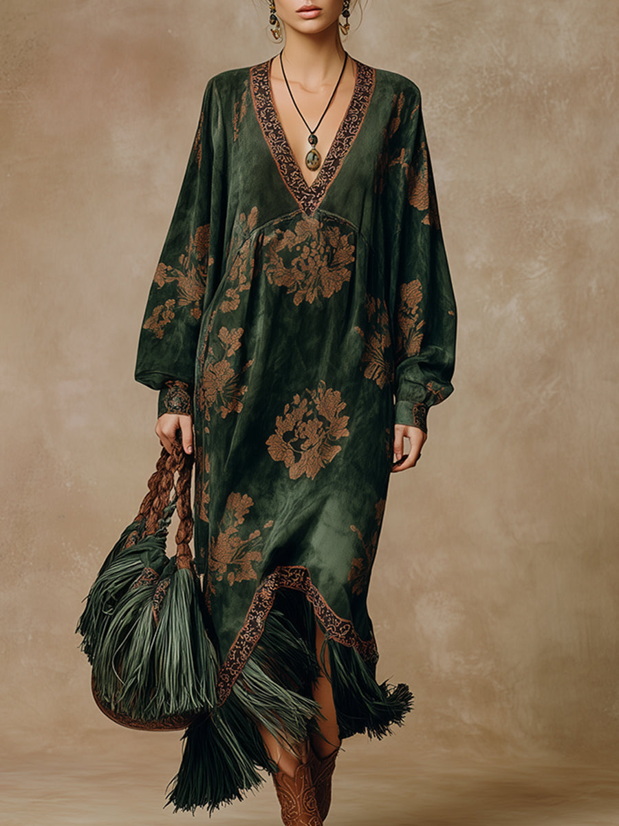Green faux suede tassel maxi dress for women, stylish long dress with tassel details, by My Store.