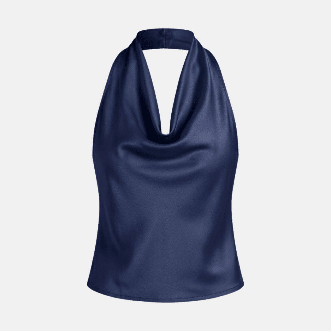 Cream satin cowl-neck sleeveless top for women by Tammy Bradley, featuring a smooth, shiny fabric and elegant draped neckline.