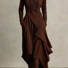 Solid color high-neck long-sleeved irregular casual maxi dress from My Store, featuring a flowing silhouette and comfortable fit.