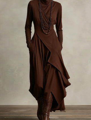 Solid color high-neck long-sleeved irregular casual maxi dress from My Store, featuring a flowing silhouette and comfortable fit.