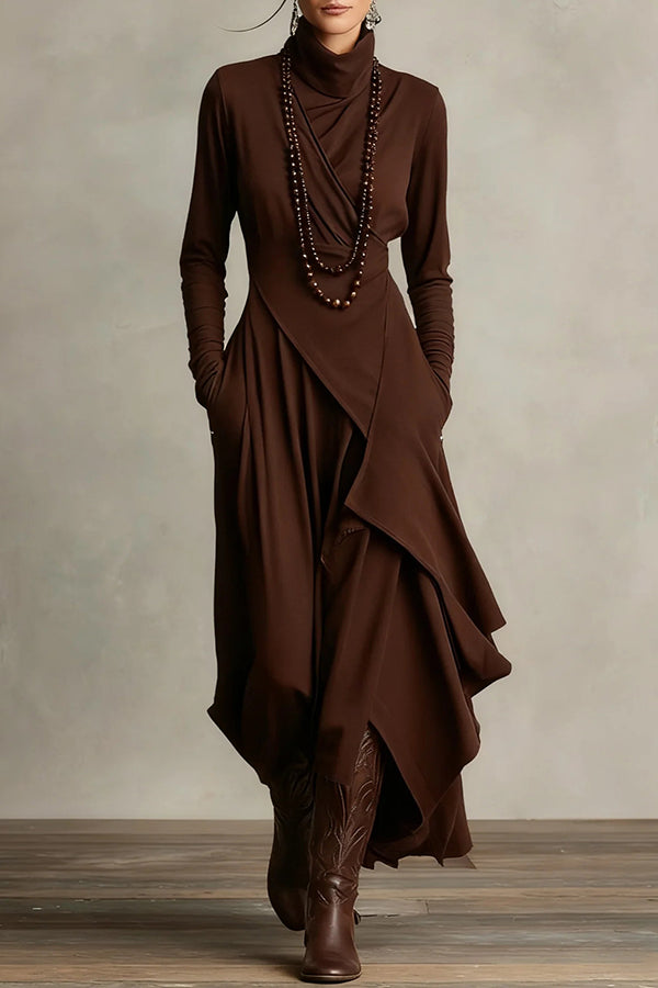 Solid color high-neck long-sleeved irregular casual maxi dress from My Store, featuring a flowing silhouette and comfortable fit.