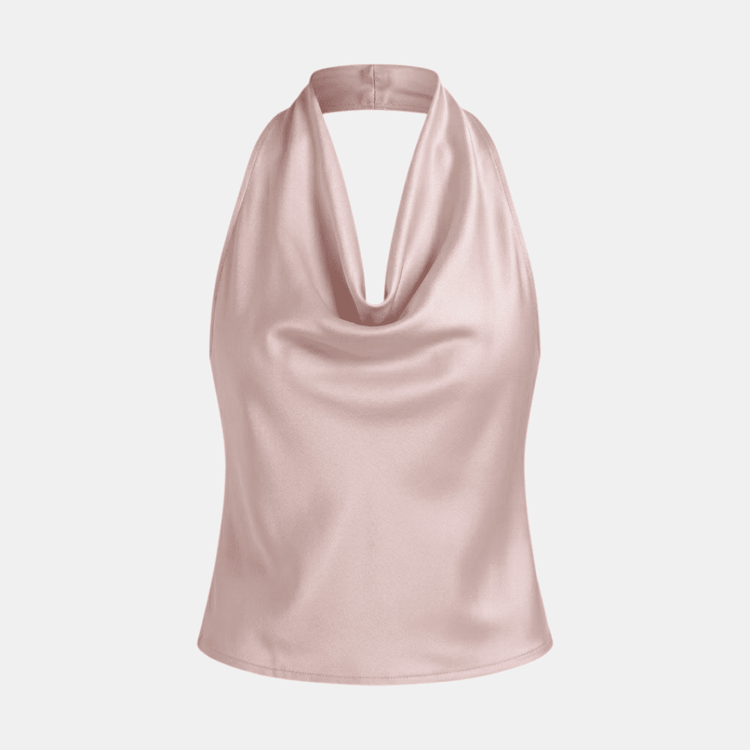 Cream satin cowl-neck sleeveless top for women by Tammy Bradley, featuring a soft fabric and elegant drape.