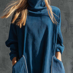 Blue corduroy midi dress from My Store featuring a casual, relaxed fit with long sleeves and a round neckline.