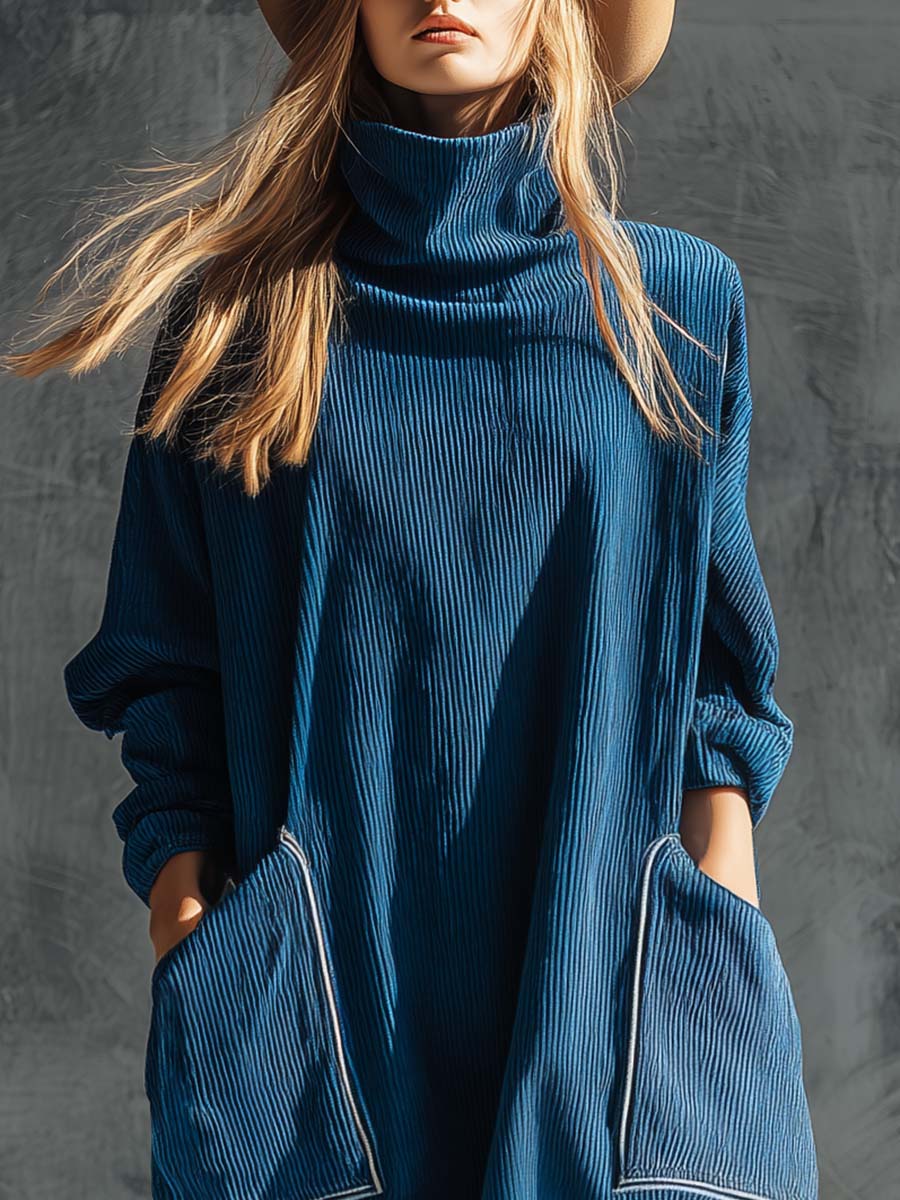 Blue corduroy midi dress from My Store featuring a casual, relaxed fit with long sleeves and a round neckline.