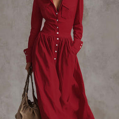 High waisted long sleeve maxi dress by My Store with buttoned pleated pockets, solid color, split-joint lapel, and elegant design.