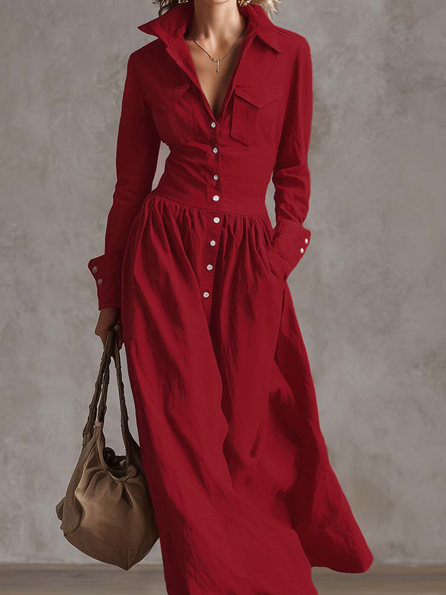 High waisted long sleeve maxi dress by My Store with buttoned pleated pockets, solid color, split-joint lapel, and elegant design.