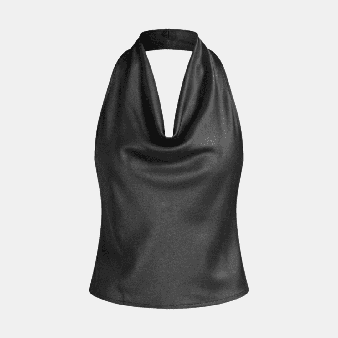 Cream satin cowl-neck sleeveless top for women by Tammy Bradley, featuring a smooth satin fabric and elegant cowl neckline.