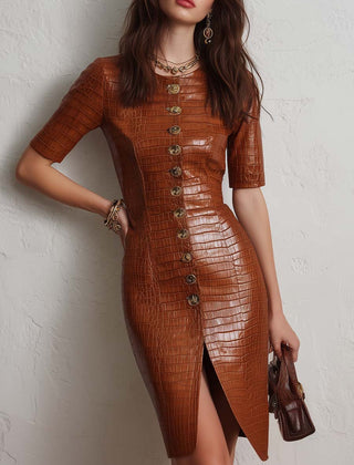 Caramel croc-embossed faux leather midi dress with fitted silhouette and sleeveless design, stylish for casual or evening wear.