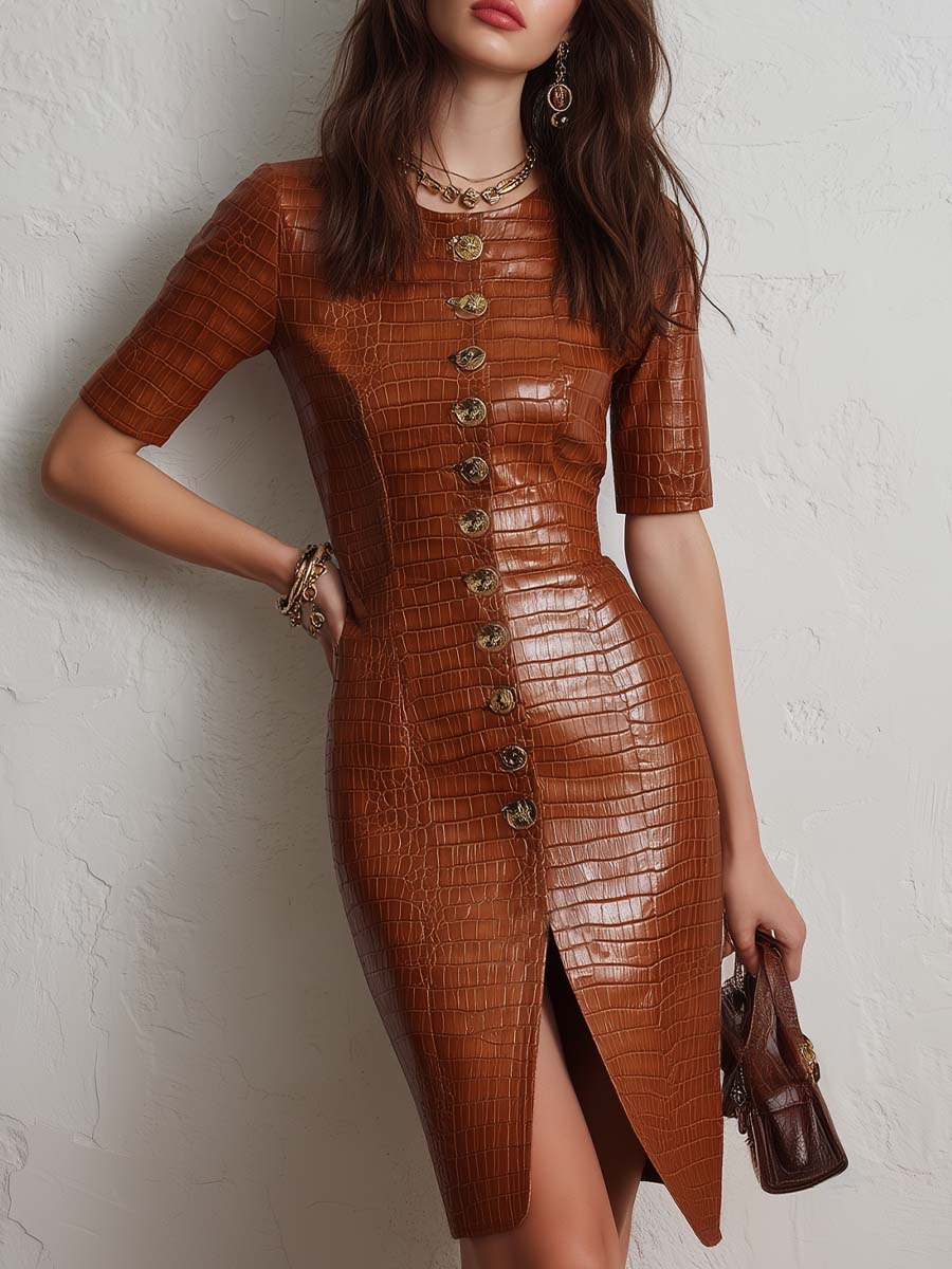Caramel croc-embossed faux leather midi dress with fitted silhouette and sleeveless design, stylish for casual or evening wear.
