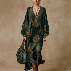 Green faux suede tassel maxi dress for women with flowing fabric and tassel details, stylish and comfortable for casual or formal wear.