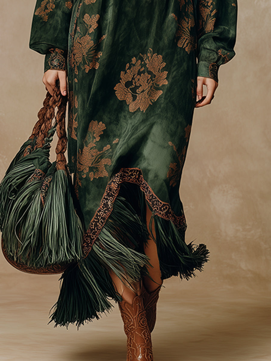 Green faux suede tassel maxi dress for women, stylish and flowing with tassel details, by My Store.