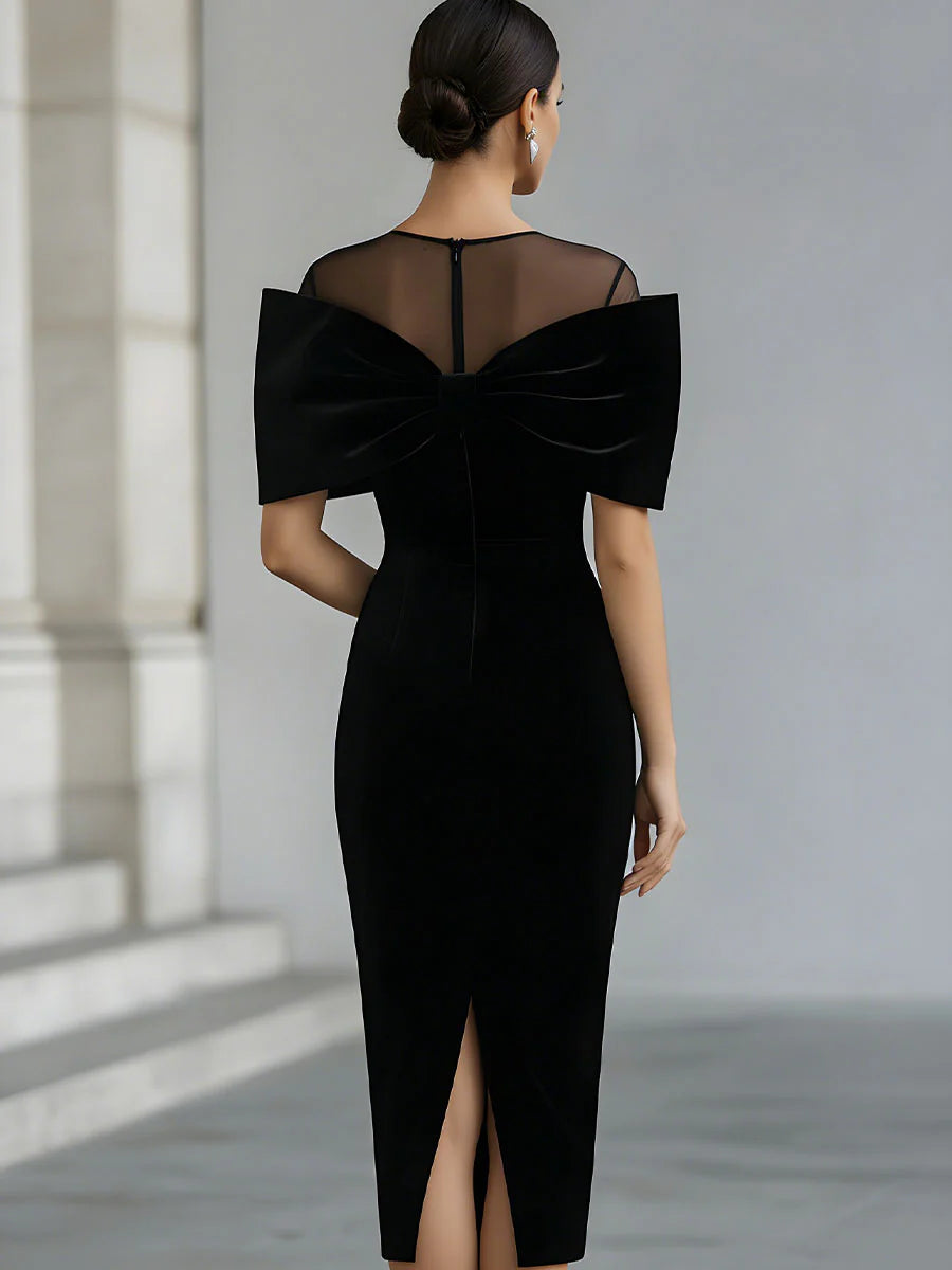 Elegant midi dress for women in velvet with a Bardot neckline, showcased on a model, from My Store's women's dress collection.