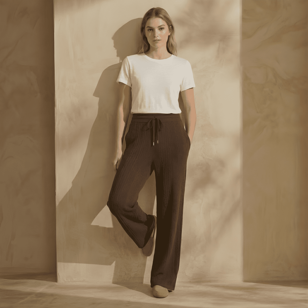 Women's cable-knit wide-leg lounge trousers by Tammy Bradley, featuring a cozy knit fabric and relaxed fit.