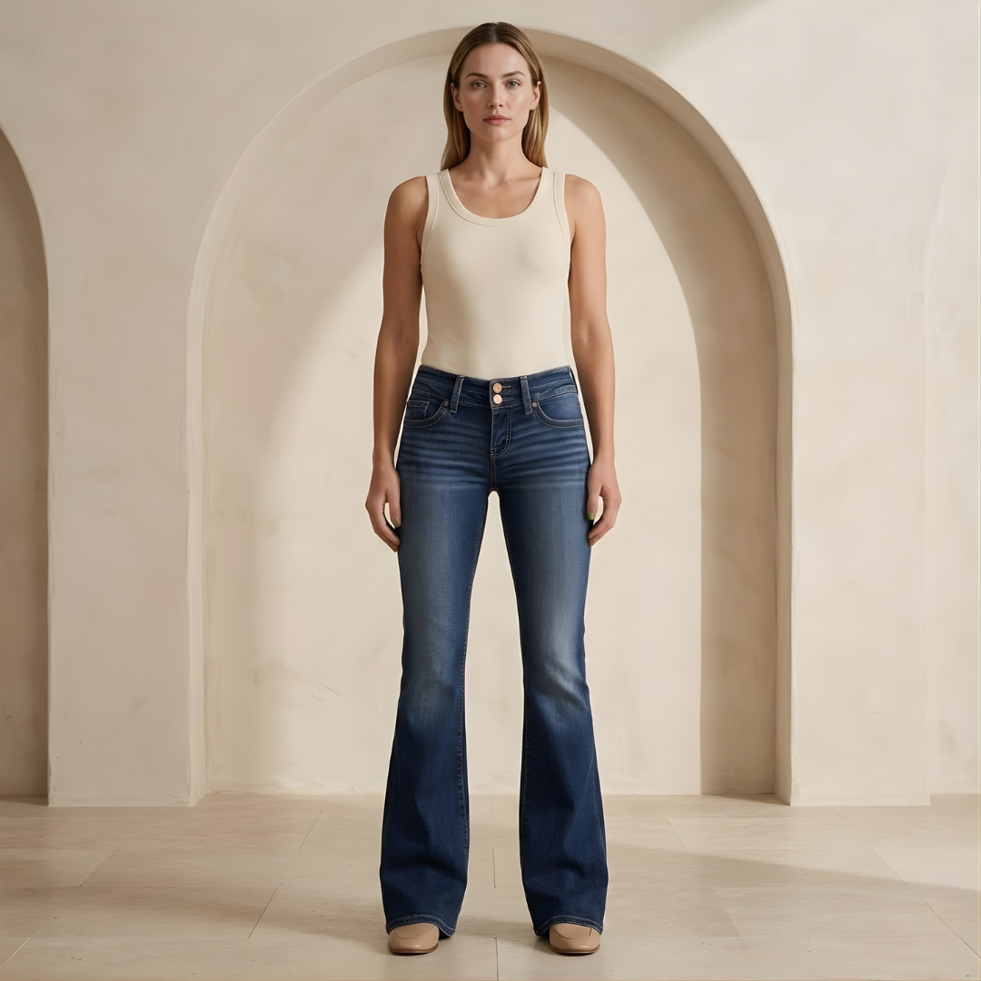 Women's mid-waist slim-fit flared stretch jeans with a classic five-pocket design and stylish flare at the hem.