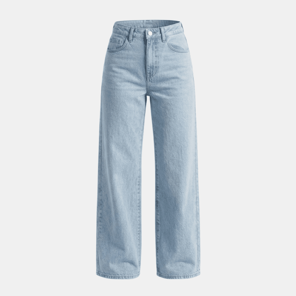 Women's high-waisted wide-leg denim jeans by Tammy Bradley, shown from the front, featuring classic blue wash and relaxed fit.