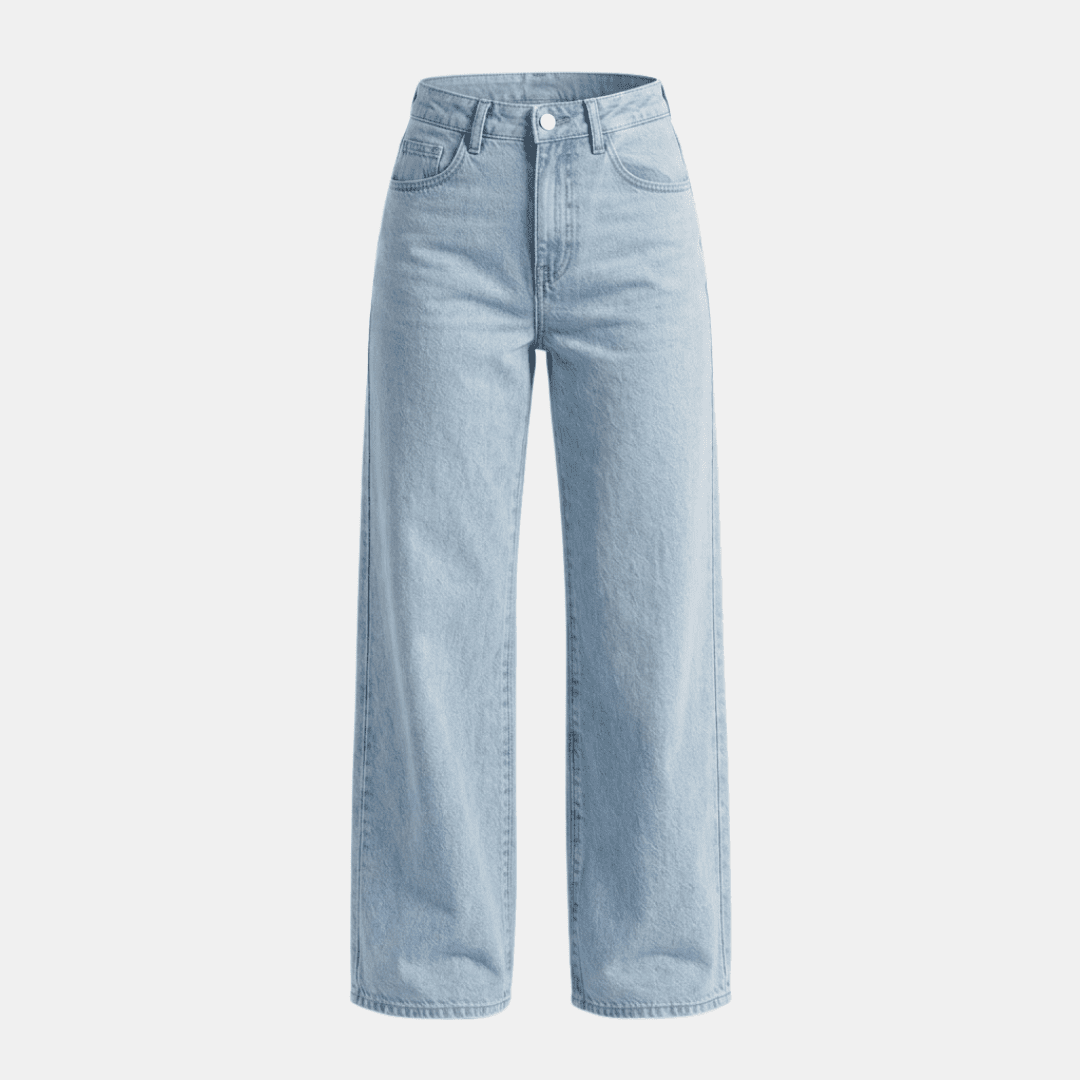 Women's high-waisted wide-leg denim jeans by Tammy Bradley, shown from the front, featuring classic blue wash and relaxed fit.