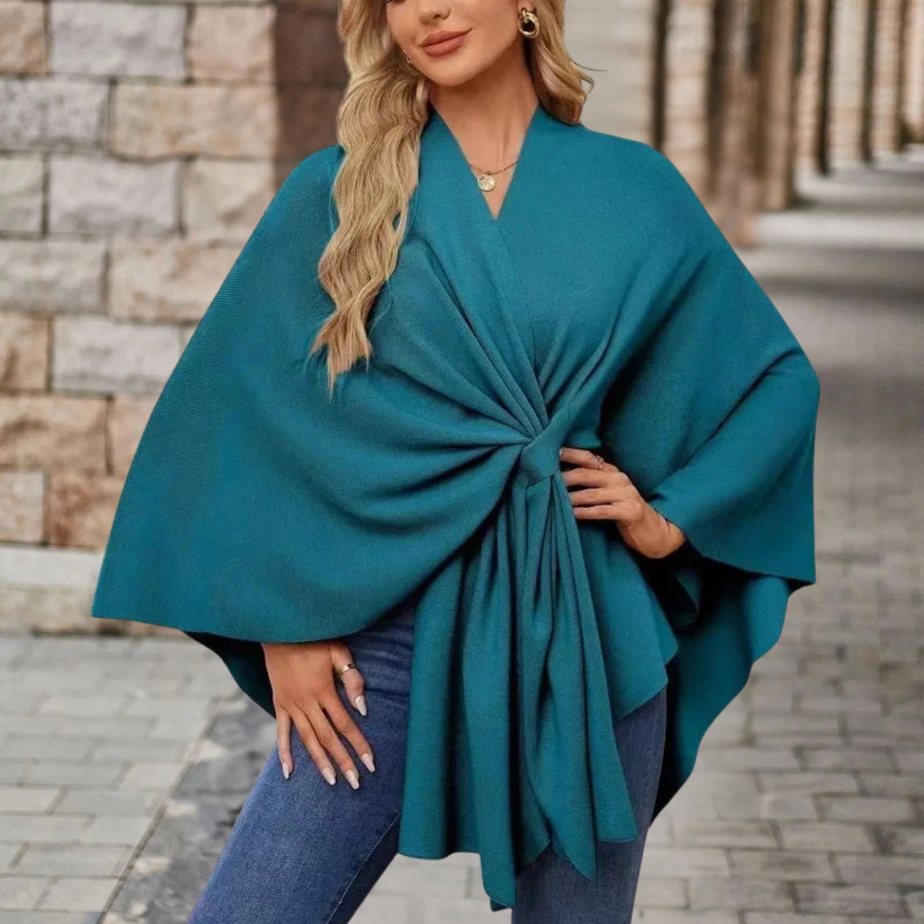 Poncho Sweater Women Draped Knot Detail Relaxed