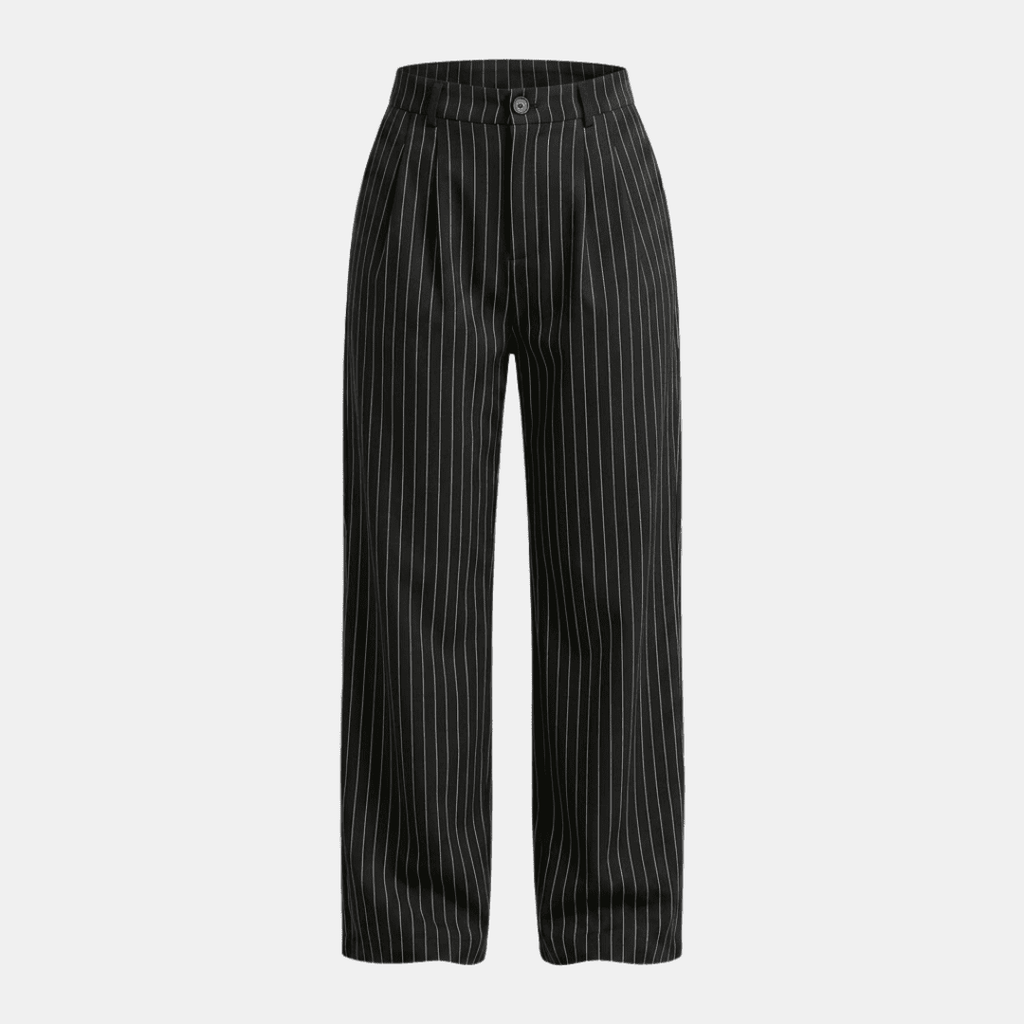 Women's pinstripe high-waisted wide-leg trousers by Tammy Bradley, featuring a tailored fit and classic pattern.