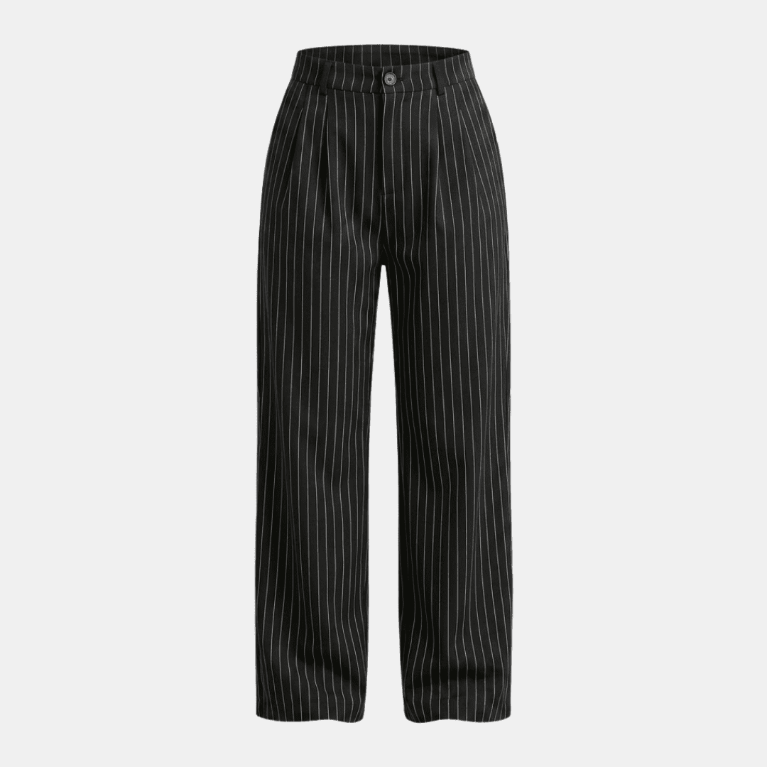 Women's pinstripe high-waisted wide-leg trousers by Tammy Bradley, featuring a tailored fit and classic pattern.