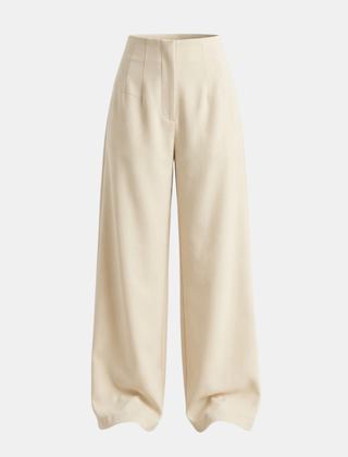 Women's high-waisted tailored wide-leg trousers in beige fabric, featuring a smooth waistband and flowing wide-leg design.
