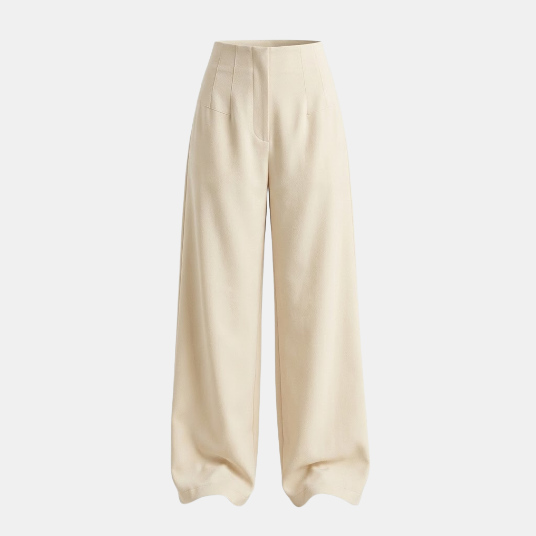 Women's high-waisted tailored wide-leg trousers in beige fabric, featuring a smooth waistband and flowing wide-leg design.