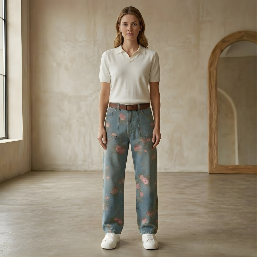 Unisex rose print wide-leg floral denim jeans for men featuring colorful, stylish pants with a relaxed fit.