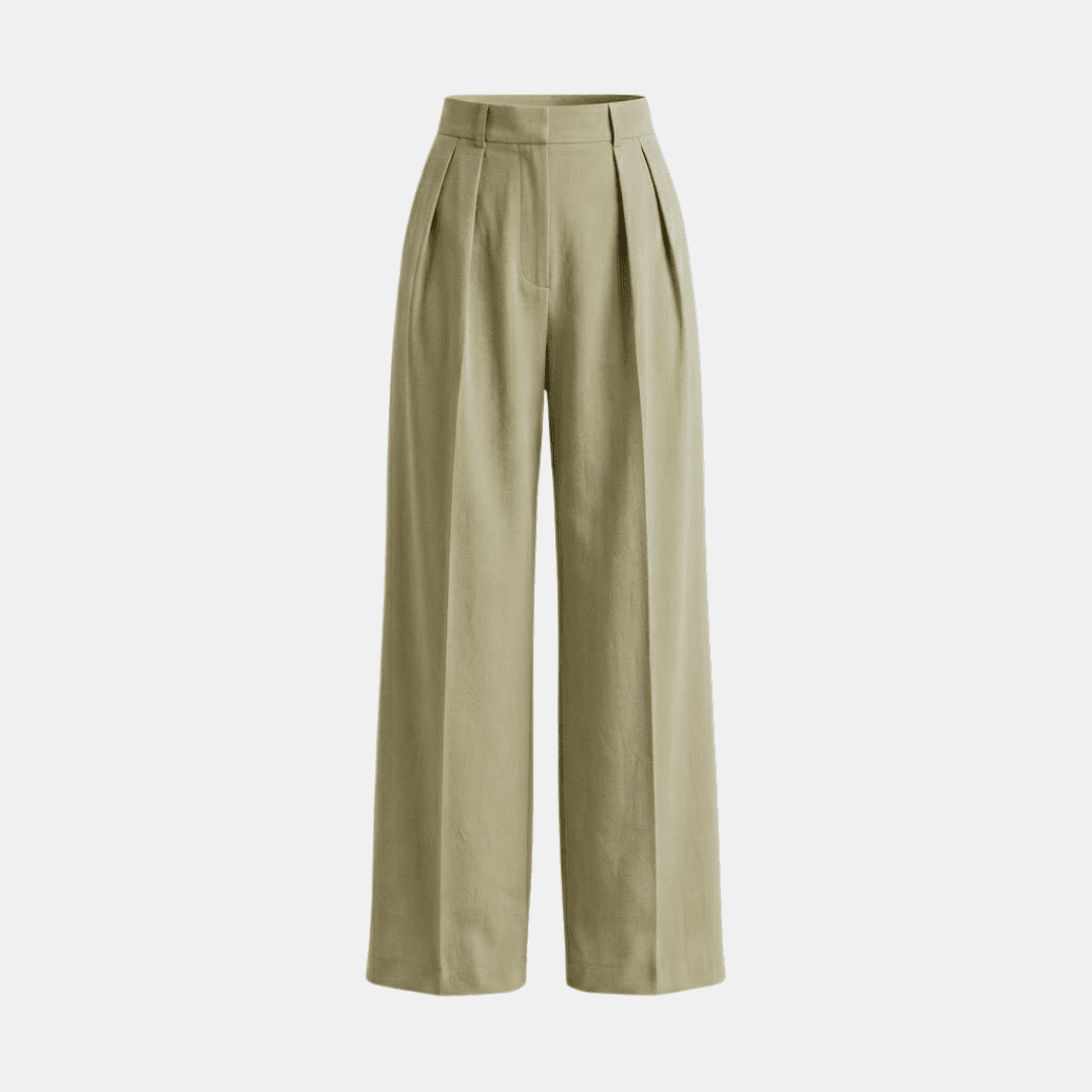 White high-waisted pleated wide-leg trousers for women by Tammy Bradley, shown flat on a plain background.